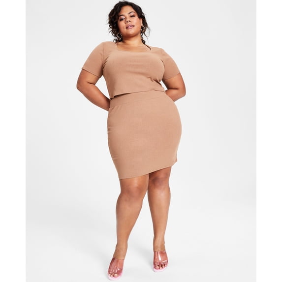 Bar III Trendy Plus Size Ribbed Mini Skirt Library Oak 2X
