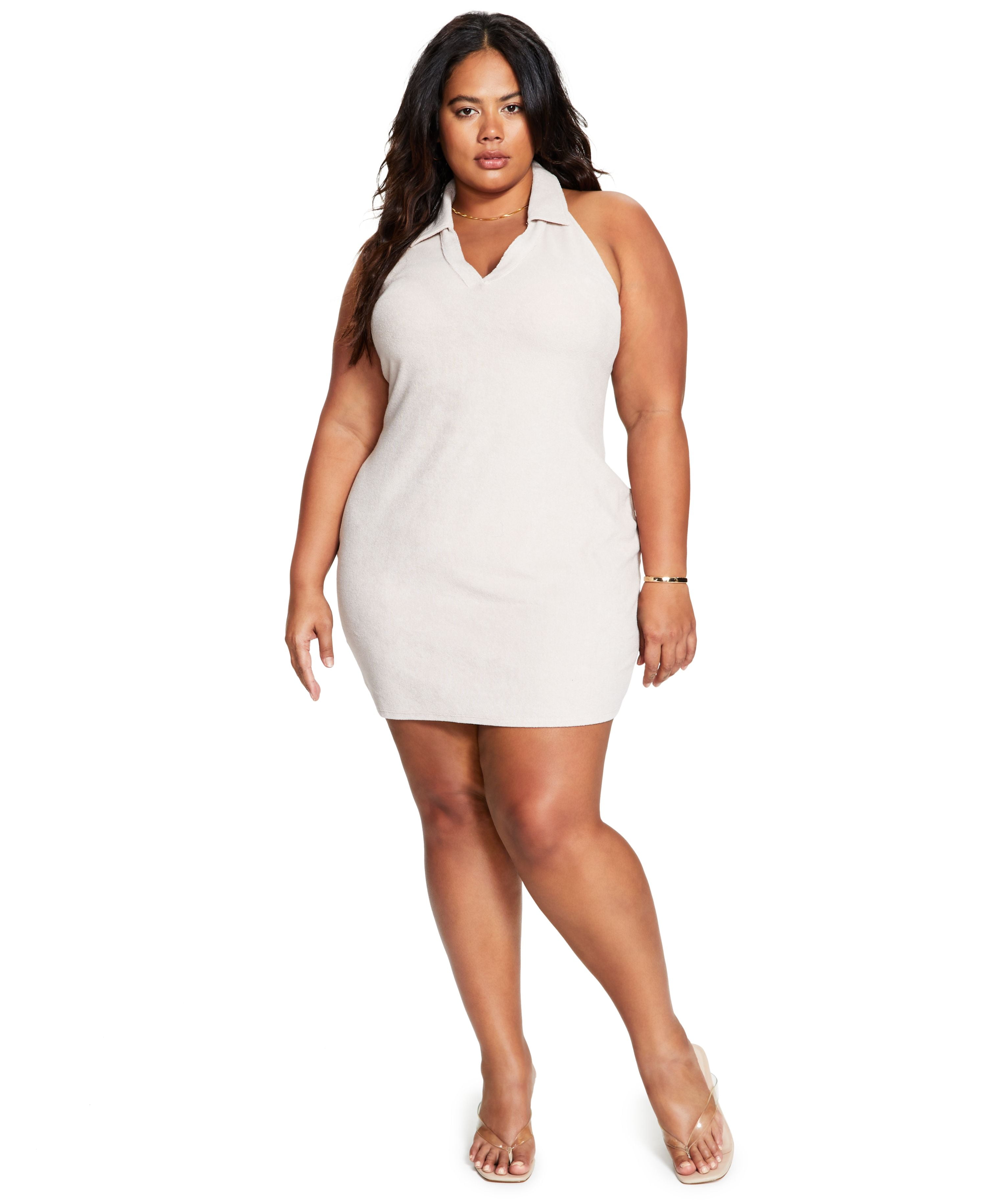 halter mini dress plus size Bar III Trendy Plus Size Terry Halter Mini Dress Naturally Nude / 4X