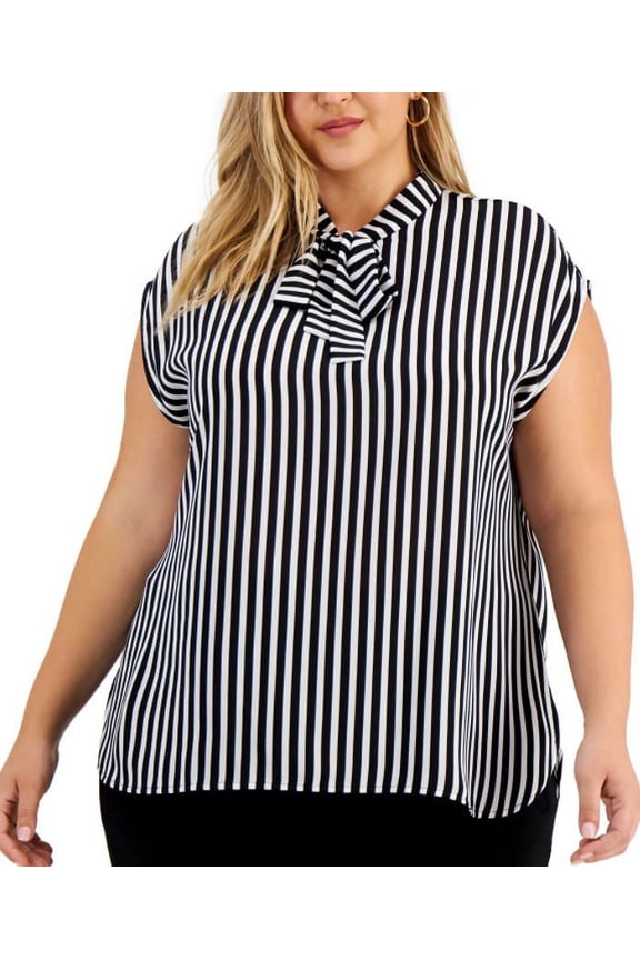 Trendy Plus Size Tie-Neck Striped Top Black/Lily White 3X