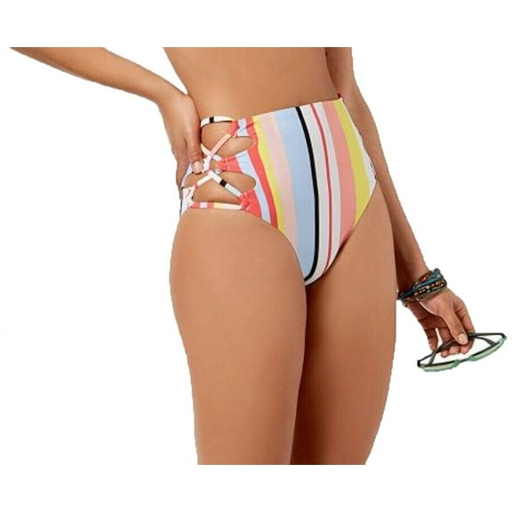 Bar III Tropic Womens Printed High-Waist Laced Bikini Bottoms (Bold Stripe, Large)