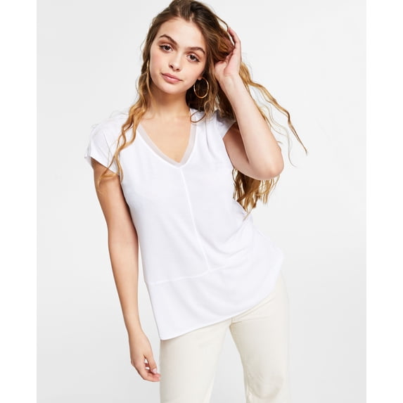 Bar III V Neck Mixed Media Mesh Top Bright White M