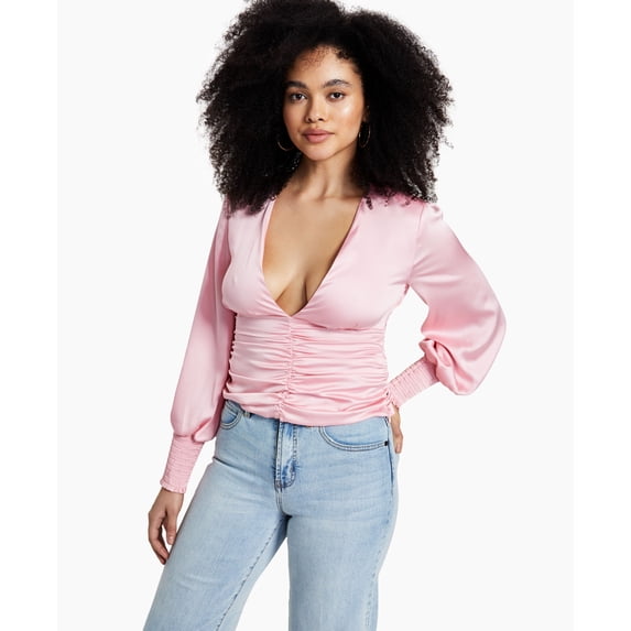 Bar III V Neck Ruched Blouse Cupid Blush 10