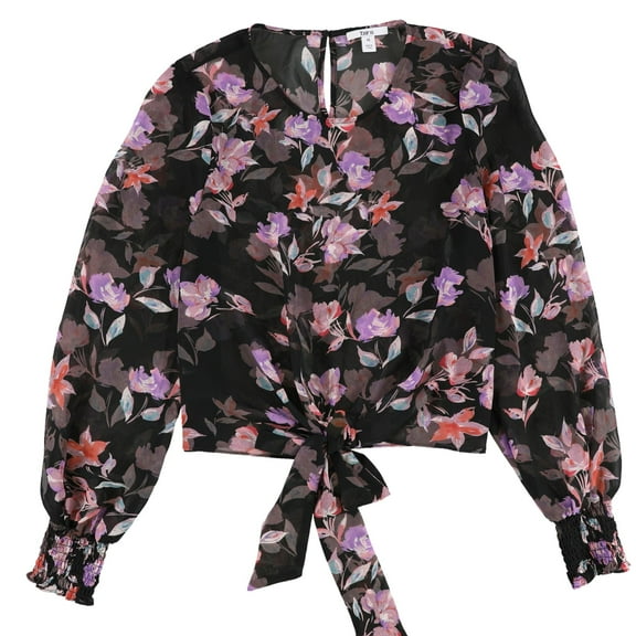 Bar III Women's Black Tie Floral Long Sleeve (S, Black Ditsy Bouquet)