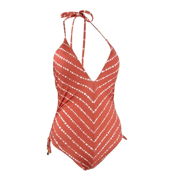 Bar III Women's Dotted Stripe Plunging One-Piece Swimsuit (Cinnamon, S)
