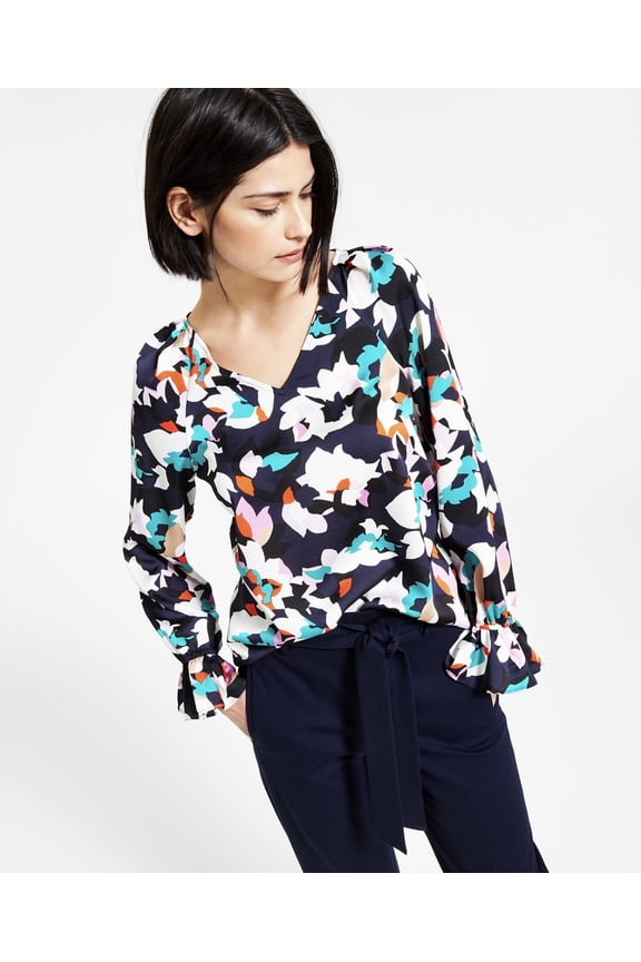 Women's Floral-Print V-Neck Top Bar Navy Multi Size S