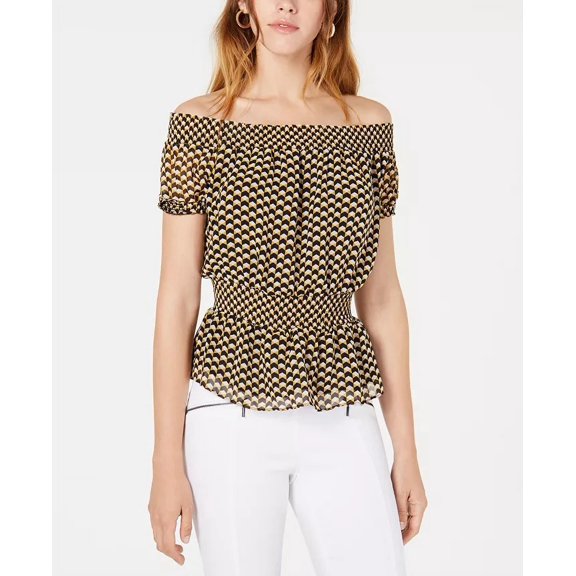 Bar III Women's Geometric Print Smocked Top Black Size X-Small