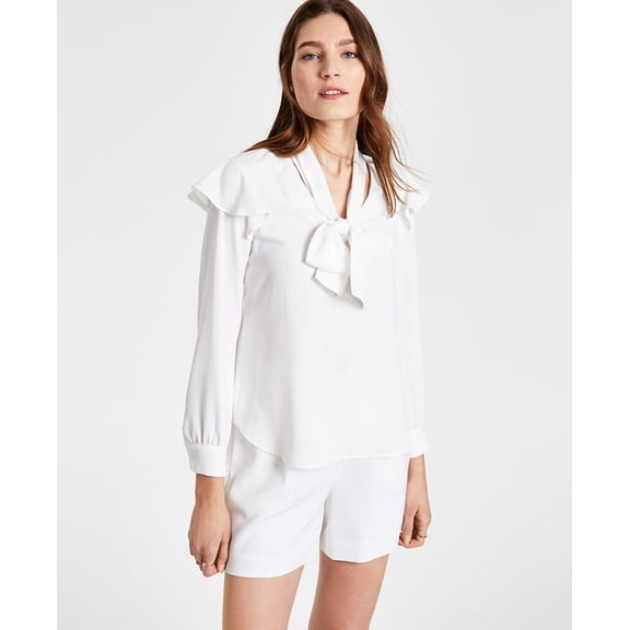 Bar III Women's Long Sleeve Tie Neck Blouse White Size XX-Small