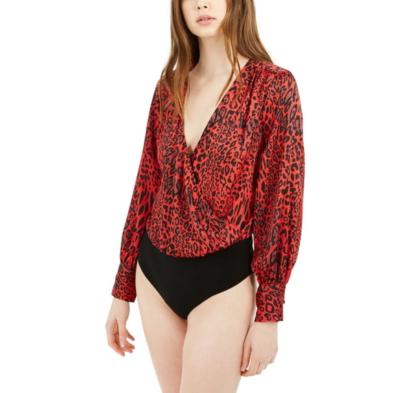 Bar III Women's Printed Surplice-Neck Blouson-Sleeve Bodysuit Red Size X-Small