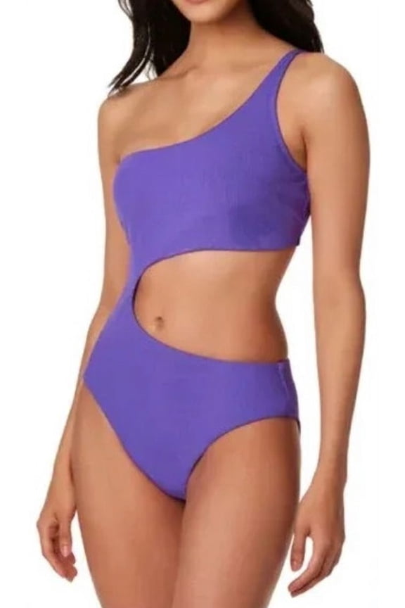 Women's Purple Micro Rib One-Shoulder Cutout One-Piece Swimsuit