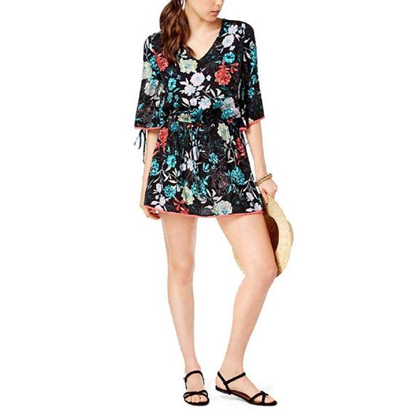 Bar III Women's Split-Sleeve Tunic Cover-Ups  Swimwear, Multi/Rose Garden, Large