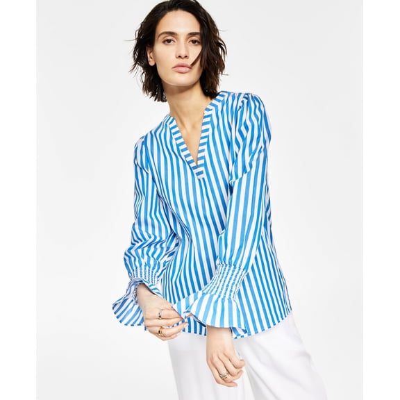 Bar III Womens Striped Smocked Cuff Top Deep Aquablanc S