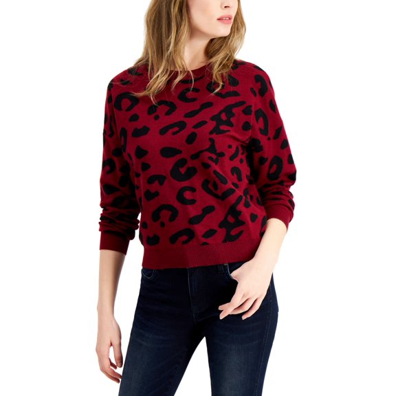 Bar III Women's Sweater Cheetah Print Ribbed-Hem Pullover Red XL