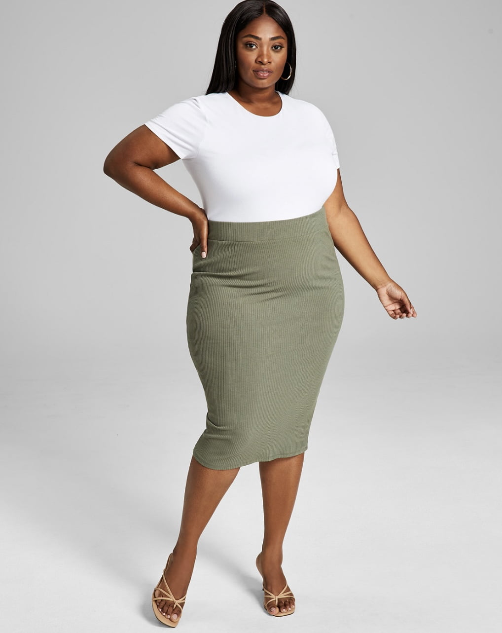 Bar III Women's Trendy Bodycon Ribbed Midi Skirt Dusty Olive Plus