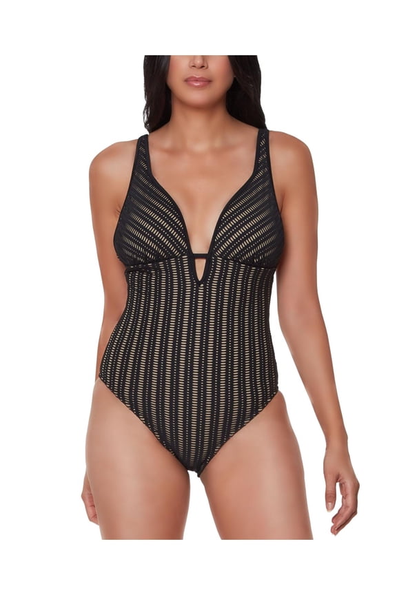 Womens Crochet Plunging One-Piece Swimsuit