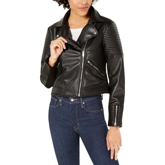 Bar III Womens Faux Leather Winter Moto Coat Black L