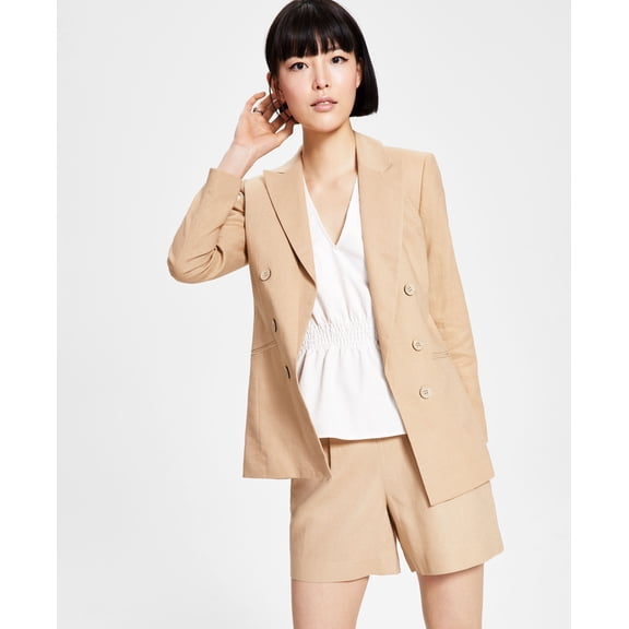 Bar III Womens Linen Faux-Double-Breasted Jacket Barley Field 2XS