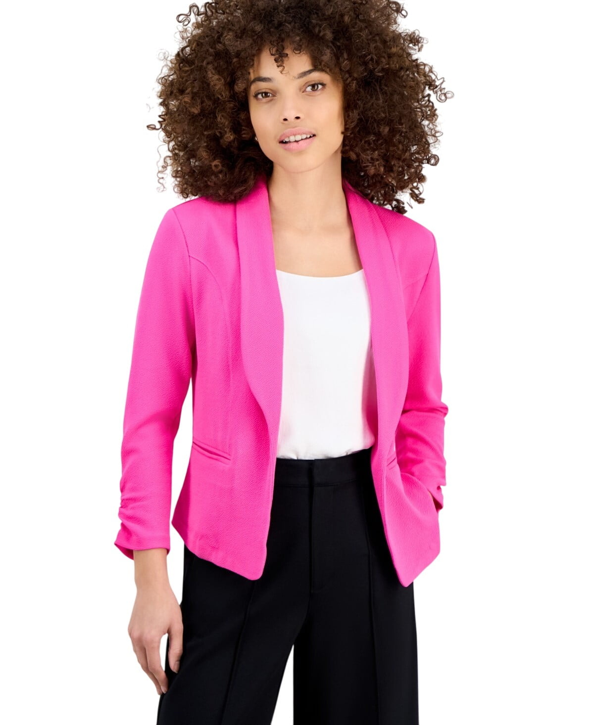 Womens Petite 3/4-Sleeve Shawl-Collar Blazer Jacket Pinkadelic Pink PS