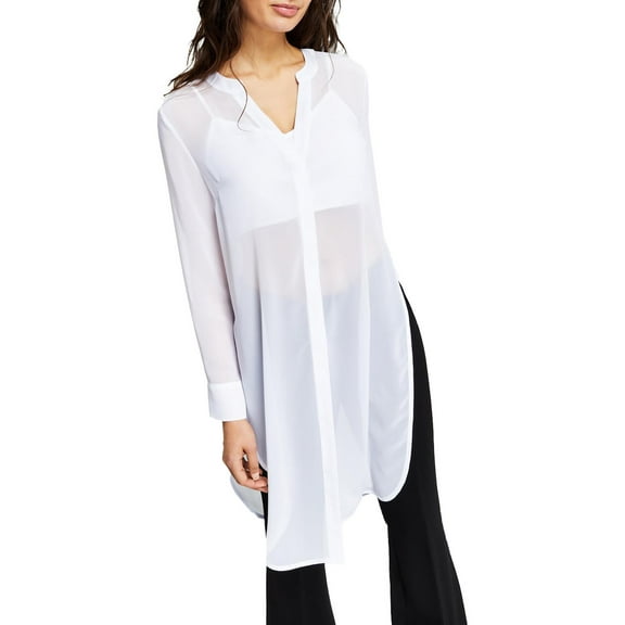 Bar III Womens Petites Sheer V-Neck Button-Down Top