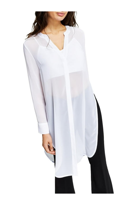 Womens Petites Sheer V-Neck Button-Down Top