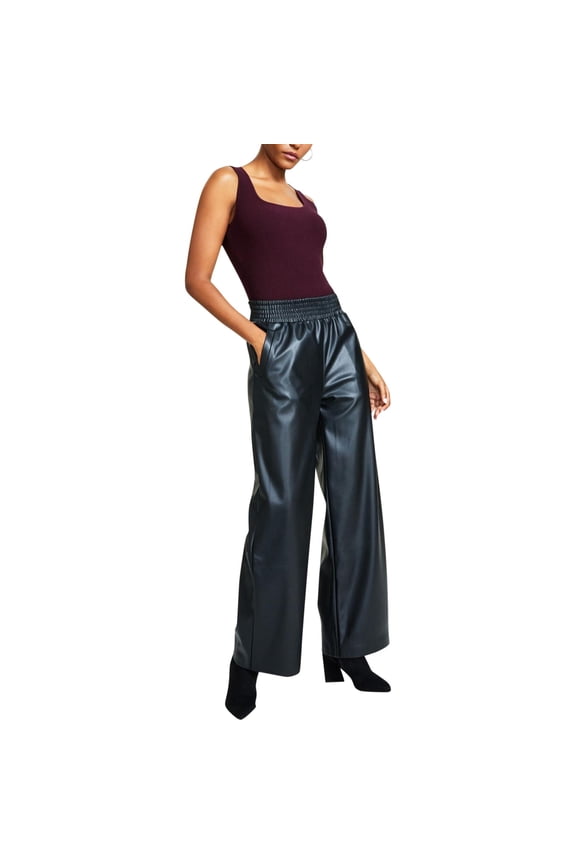 Womens Petites Stretch Faux Leather Wide Leg Pants