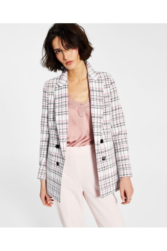 Womens Plaid-Print Faux-Double-Breasted Jacket Rosebud Combo L