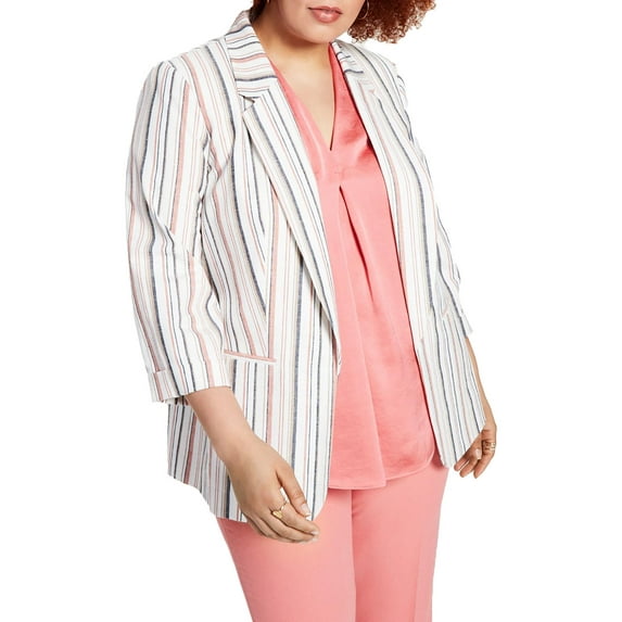 Bar III Womens Plus Cotton Blend Striped Open-Front Blazer Flax Multi 3X