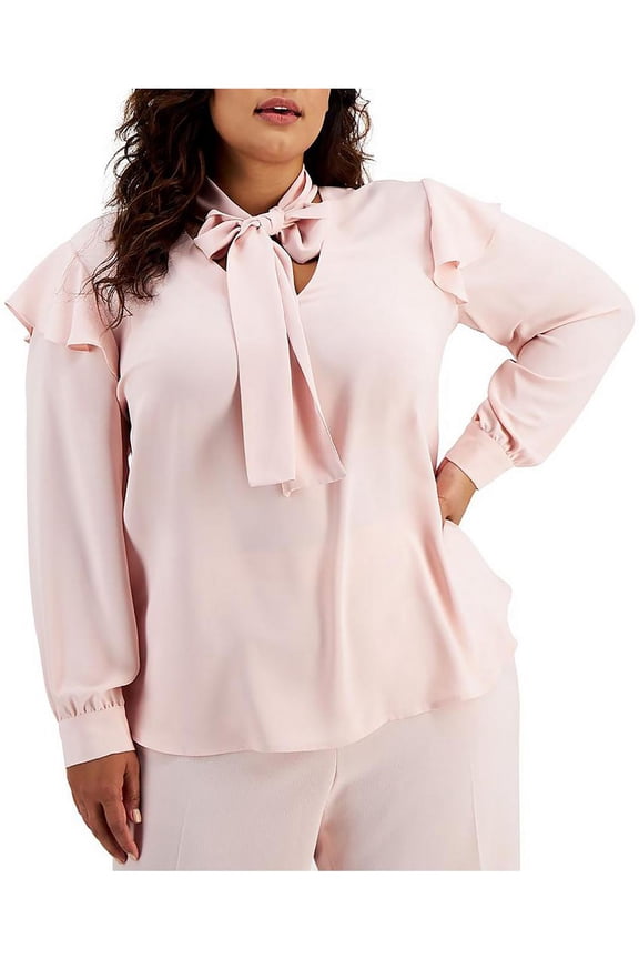 Womens Plus Drapey Tie-Neck Pullover Top