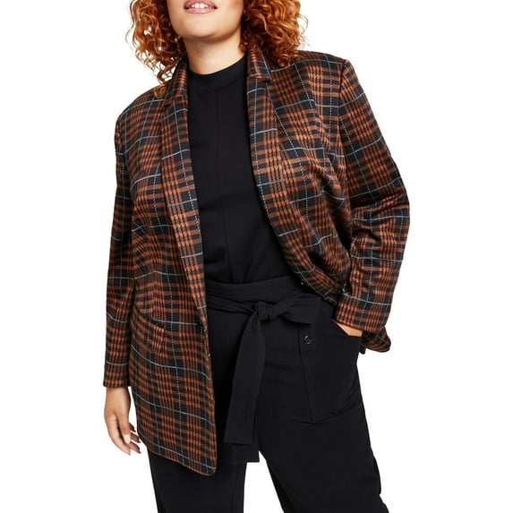 Bar III Womens Plus Glen Plaid Trendy One-Button Blazer