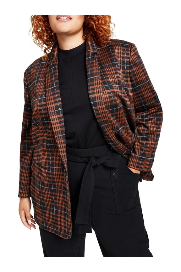 Womens Plus Glen Plaid Trendy One-Button Blazer
