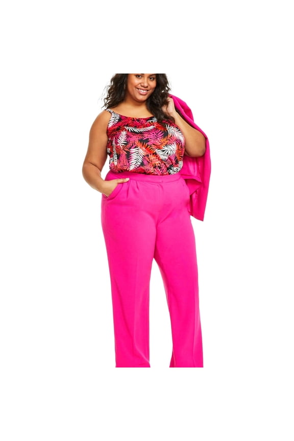 Womens Textured Crepe Casual Wide Leg Pants, Pink, Plus Size, 22W