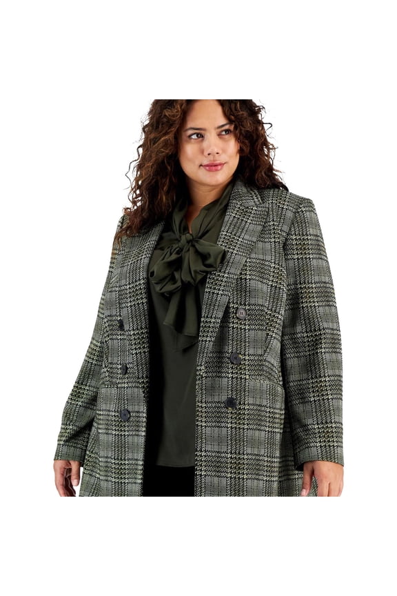 Womens Plus Plaid Double-Breasted Open-Front Blazer
