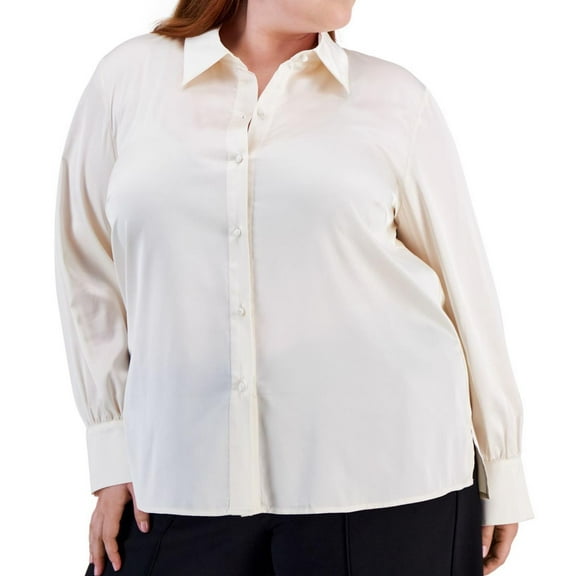 bar III Womens Collared Button Up Shirt, Off-White, Plus Size, 3X