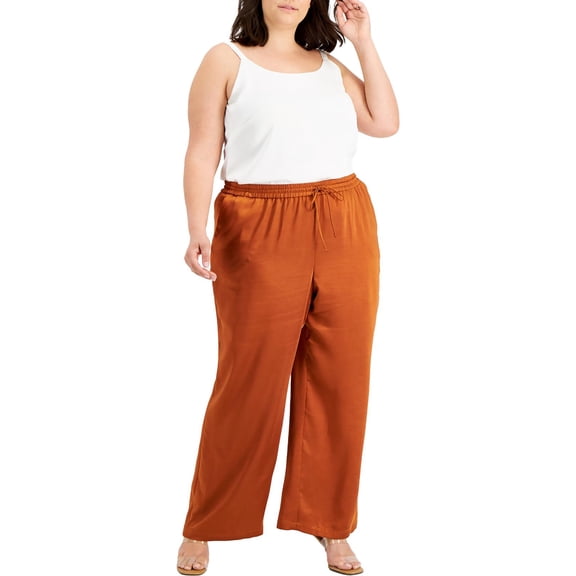 Bar III Womens Plus Satin Smocked Waist Wide Leg Pants