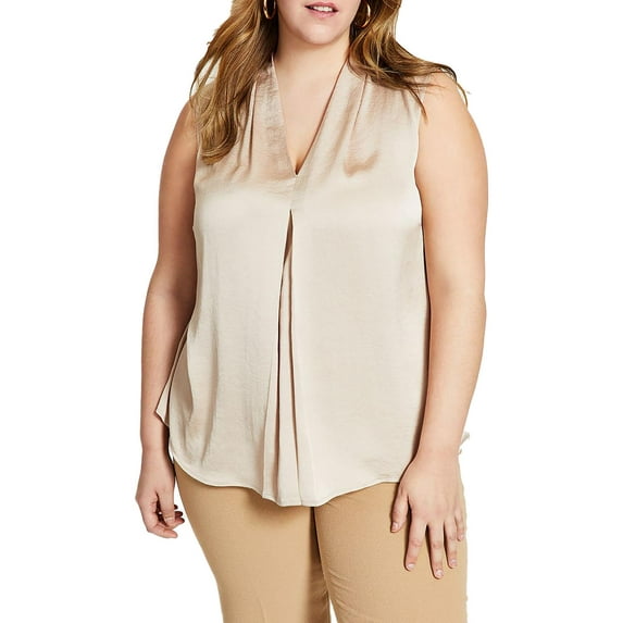 Bar III Plus Size Sleeveless Pleat V Neck Top Beige 2X