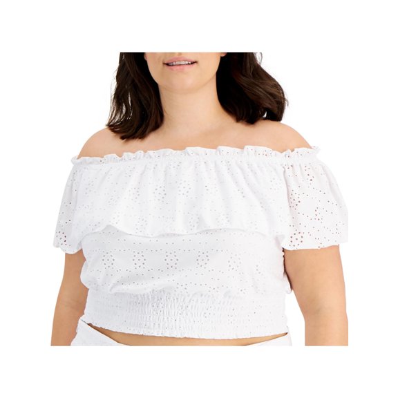 Bar III Womens Plus Smocked Ruffled Cropped
