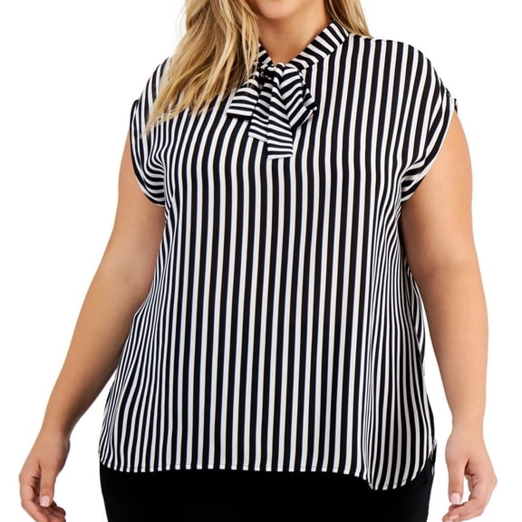 bar III Womens Neck Tie Stripe Halter Blouse Top, White, Plus Size, 2X