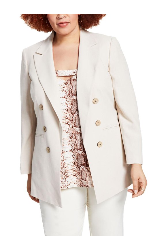Plus Size Linen Faux-Double-Breasted Blazer Flax 1X