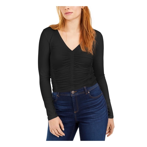 Bar III Womens Ruched V-Neck T-Shirt Black XS