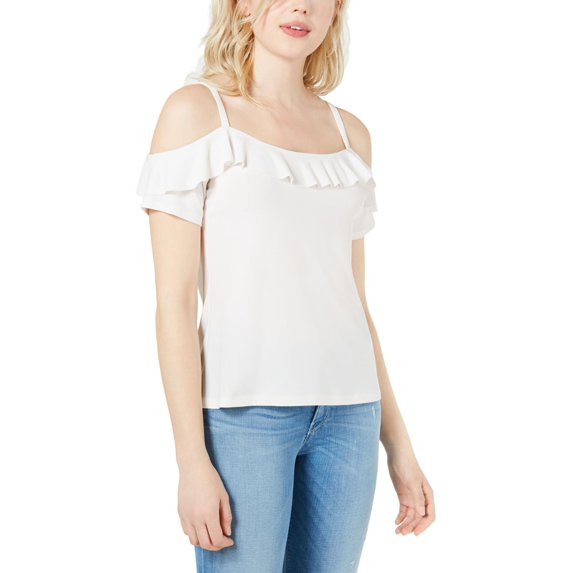 Bar III Womens Ruffle Cold-Shoulder Top Ivory XXL