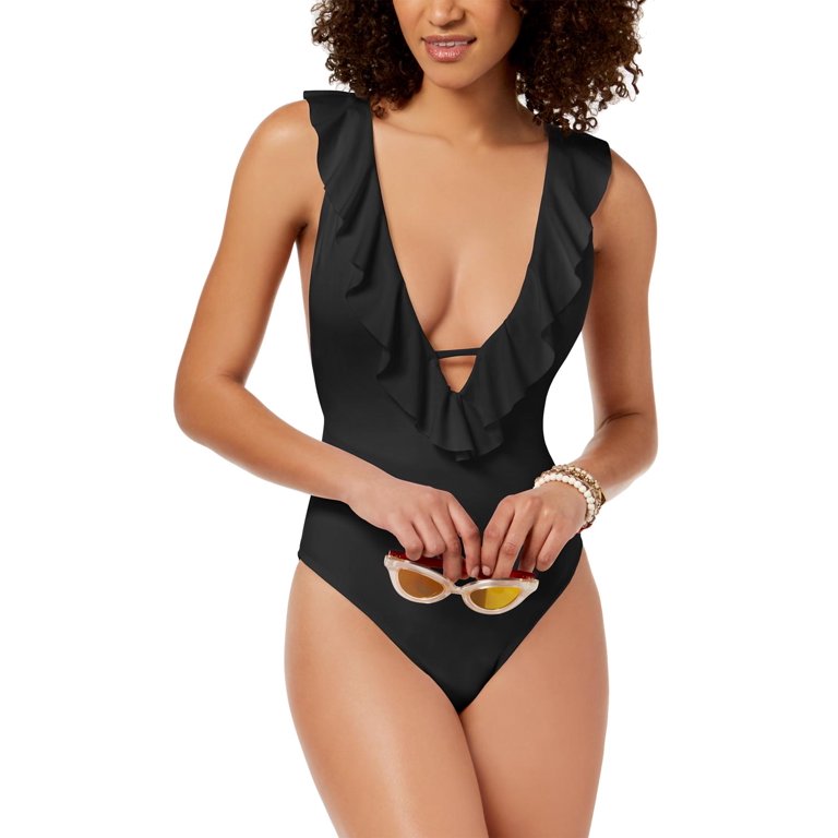 Bar III Womens Ruffled Cross-Back Cheeky One-Piece Swimsuit Medium