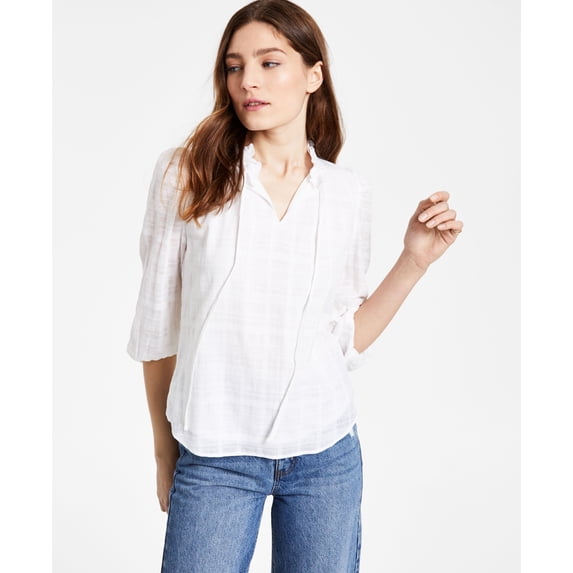 Bar III Womens Ruffled Metallic Peasant Tie Ftont Top Blanc M