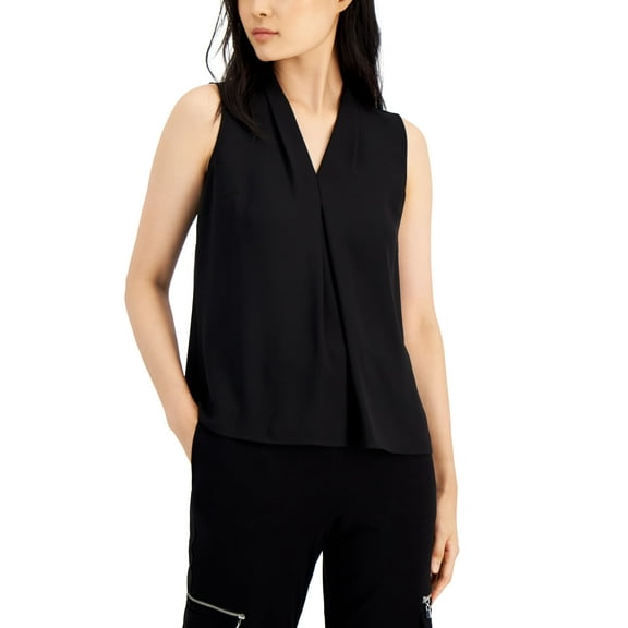 Bar III Womens Sleeveless Pleat V Neck Top Black S