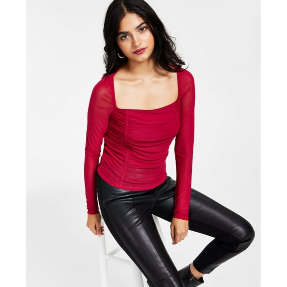 Bar III Womens Square Neck Ruched Mesh Top Royal Amaryllis M