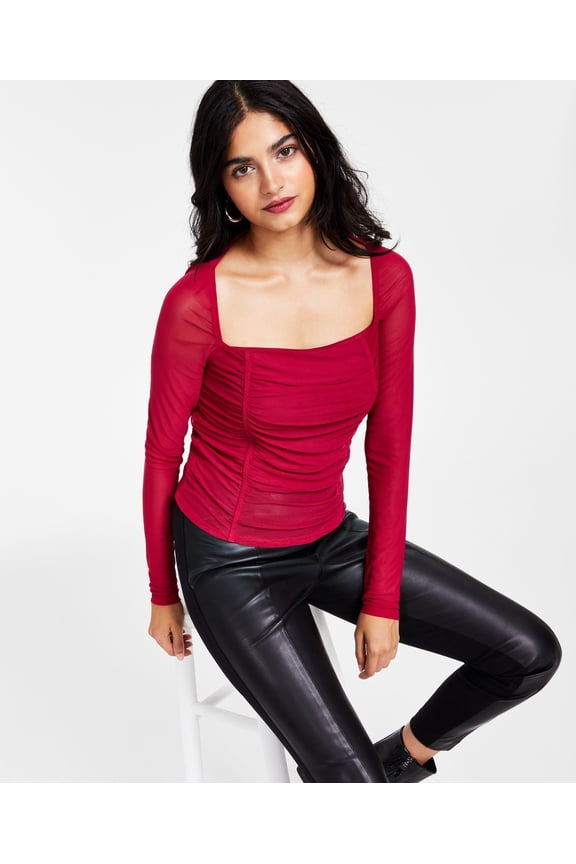 Womens Square Neck Ruched Mesh Top Royal Amaryllis M