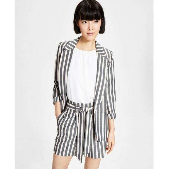 Bar III Womens Striped Open-Front Blazer Blackwhite XS