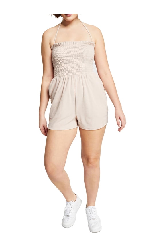 Womens Tie Neck Terry Cloth Romper Naturally Nude M