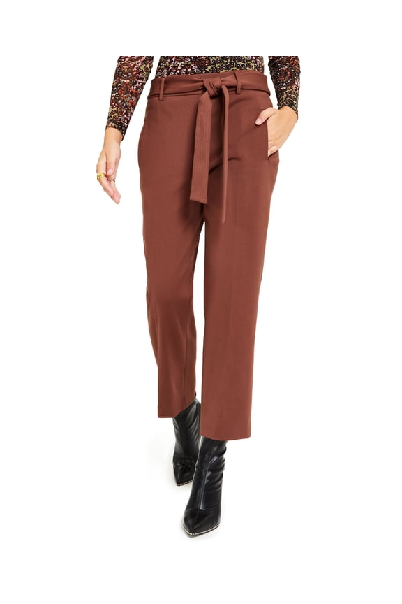 Womens Tie Waist Straight Leg Ankle Pants Gaucho Brown XL