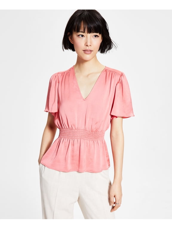Womens V Neck Flutter Sleeve Top Coral Rose M