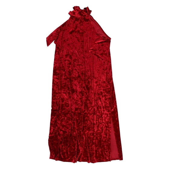 Bar III Women's Dress Halter-Neck Side-Slit Velvet Textured Bow Red X-Large New