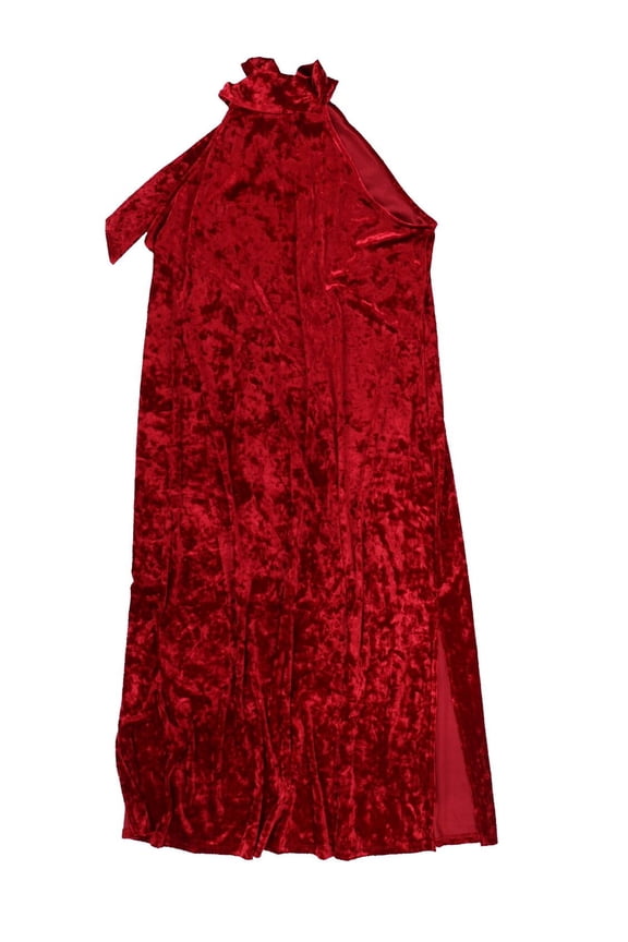 Women's Dress Halter-Neck Side-Slit Velvet Textured Bow Red X-Large New
